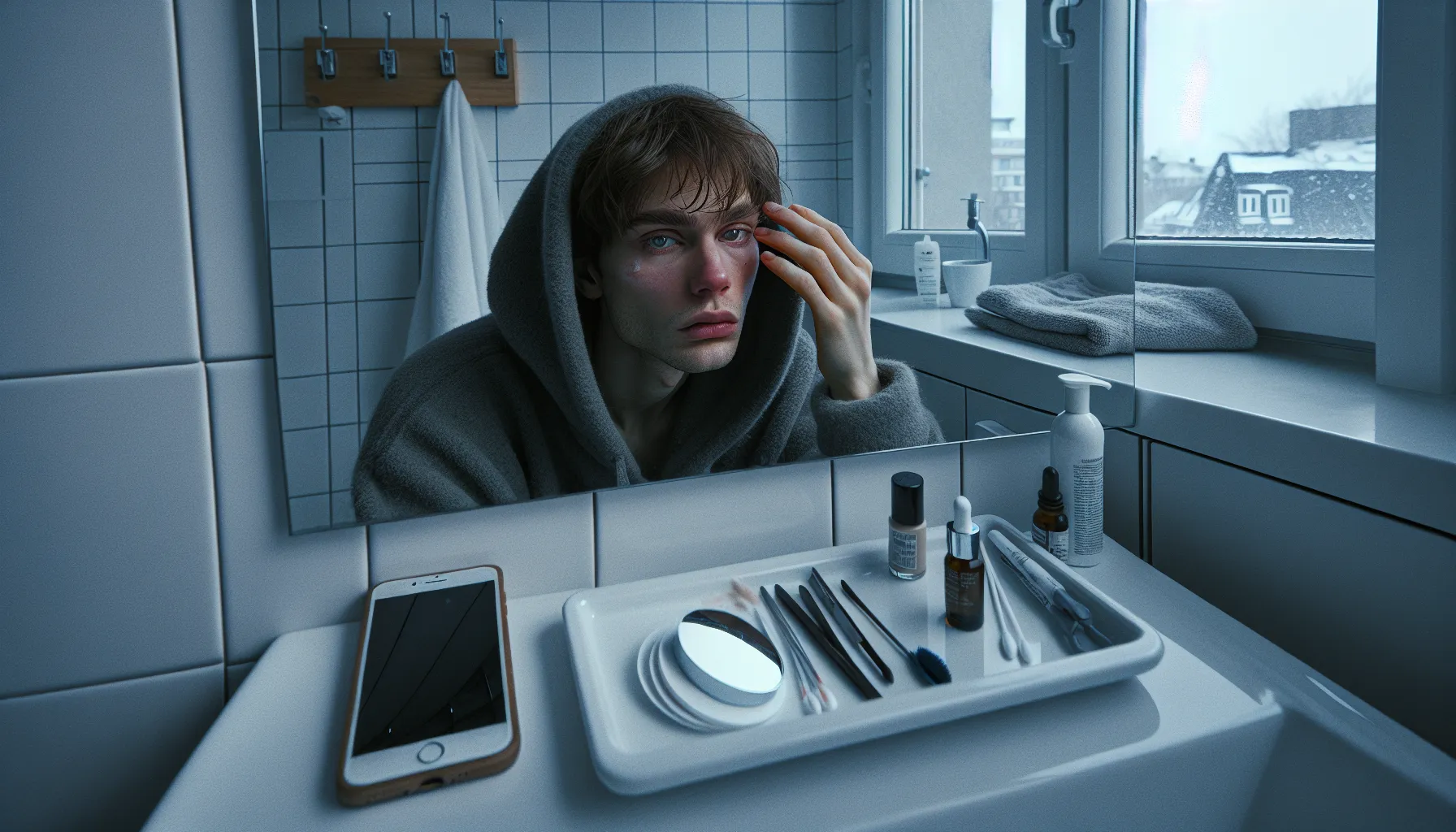 Kroppsdysmorfisk lidelse (bdd): når fokuset på utseendet blir en besettelse 2 Young norwegian anxiously inspecting a facial blemish in a bathroom mirror.