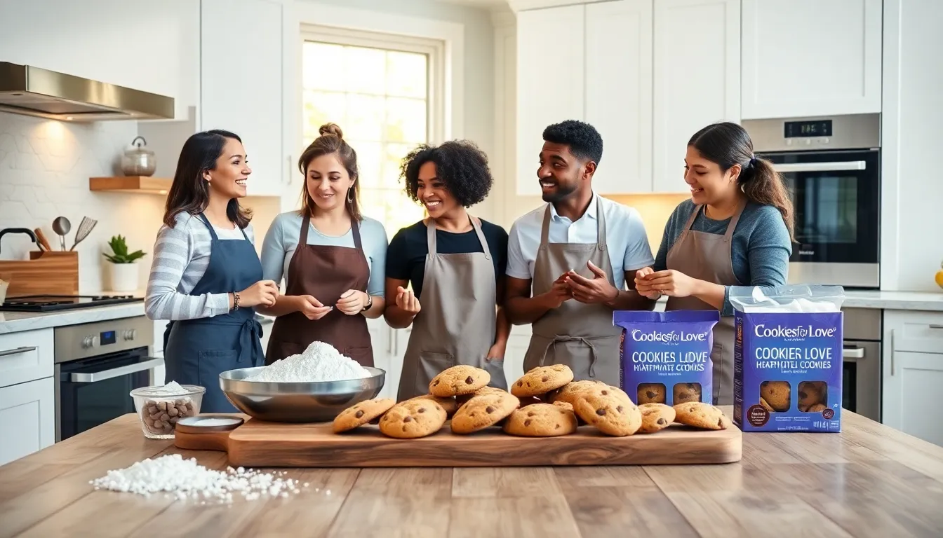 people baking cookies together in a modern kitchen.