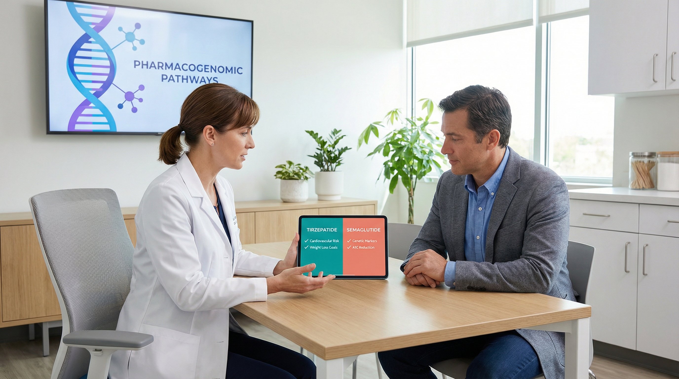 Physician and patient reviewing a medication comparison chart in a modern office.
