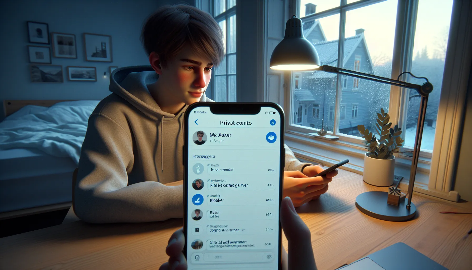 Norwegian teen calmly documenting and blocking social media bullying at home.