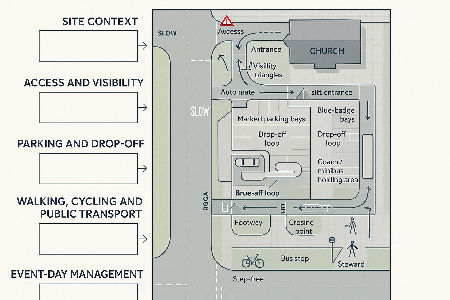 infographic of church transport assessment with access, parking, and walking routes.