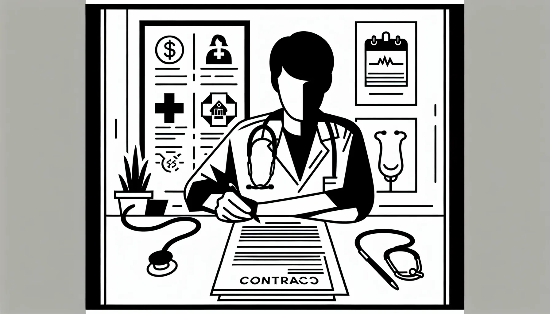 Veterinarian at desk reviewing a contract with checklist and small icons.