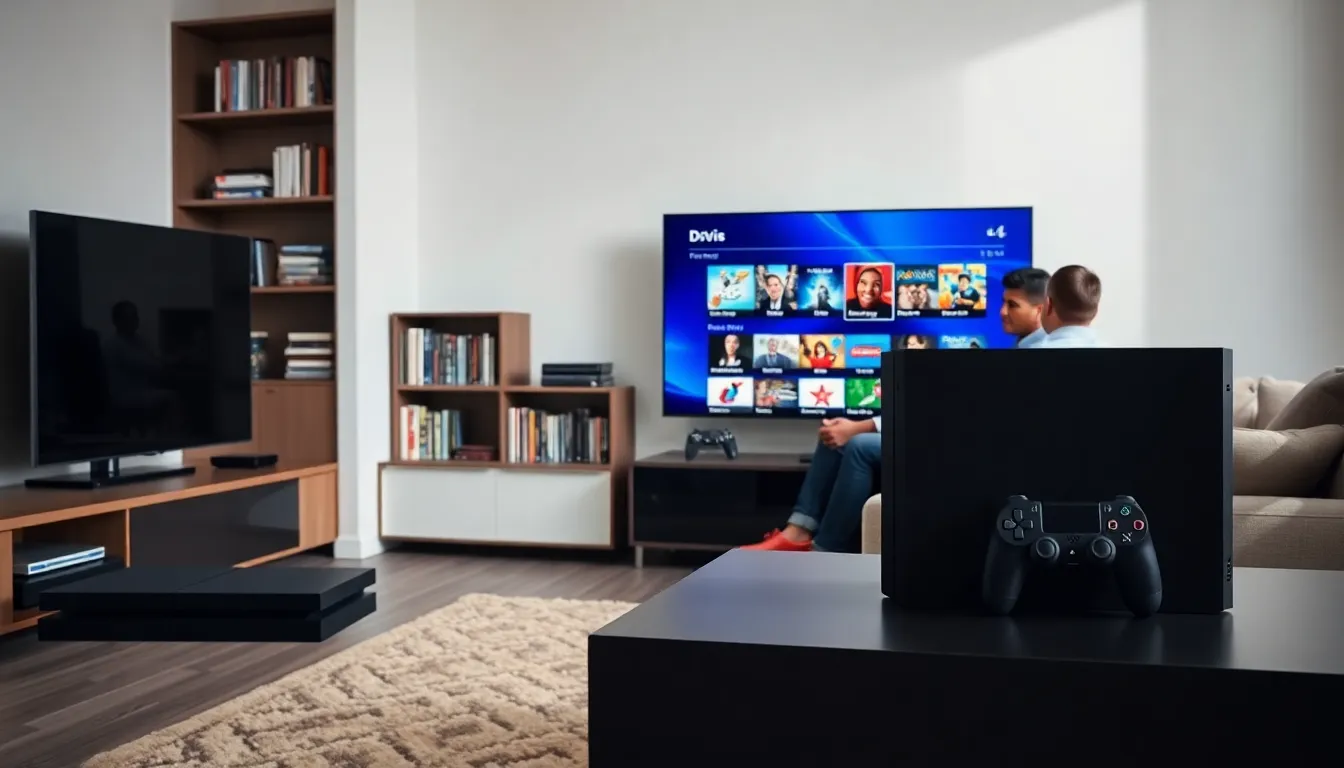 diverse group discussing PlayStation 4's DVD capabilities in a modern living room.