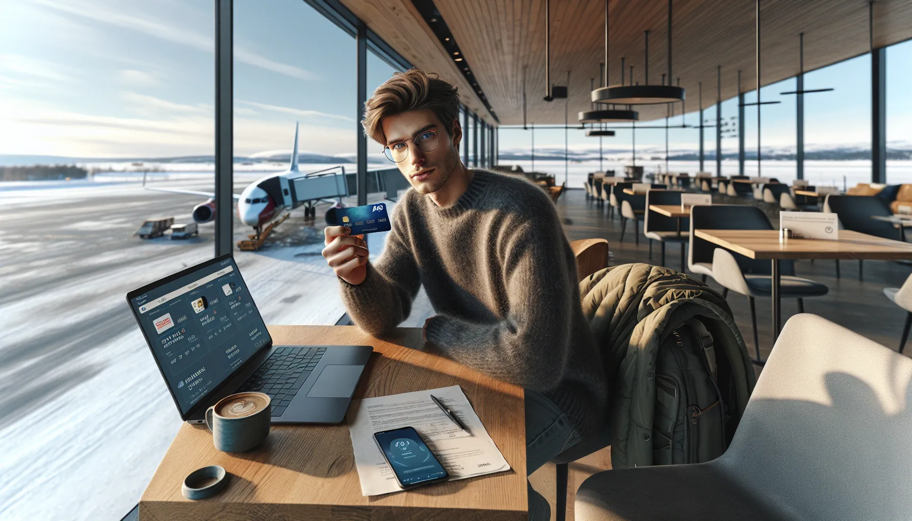 Kredittkort for studenter i norge – hva bør du vite? 3 Norwegian student at airport café using credit card with cashback and travel insurance.