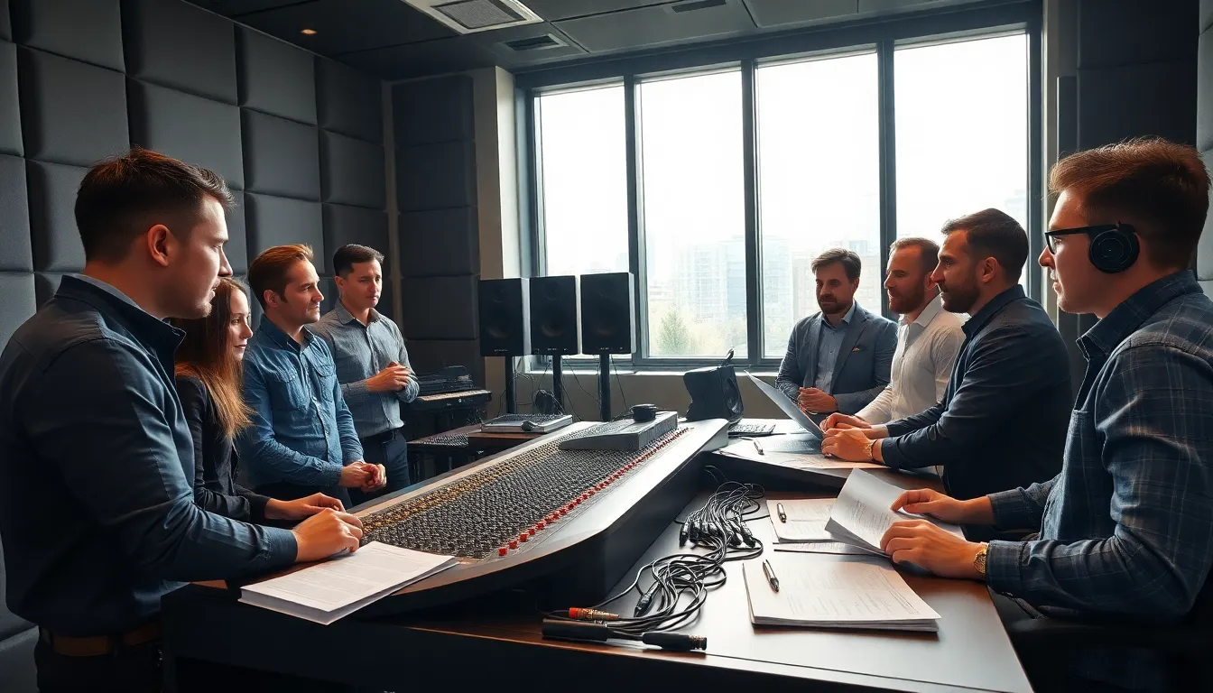 audio engineers discussing balanced audio technology in a modern studio.