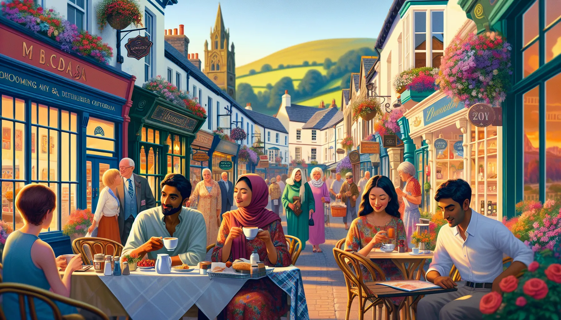 bustling town center in Mourrdale with shops and cafes.