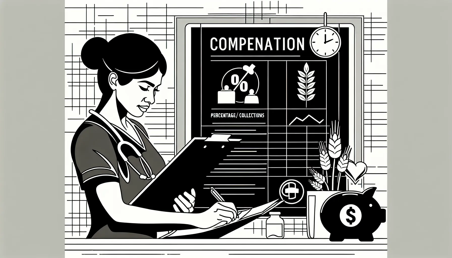 Veterinarian reviewing a compensation contract with icons for Pay models and pitfalls.