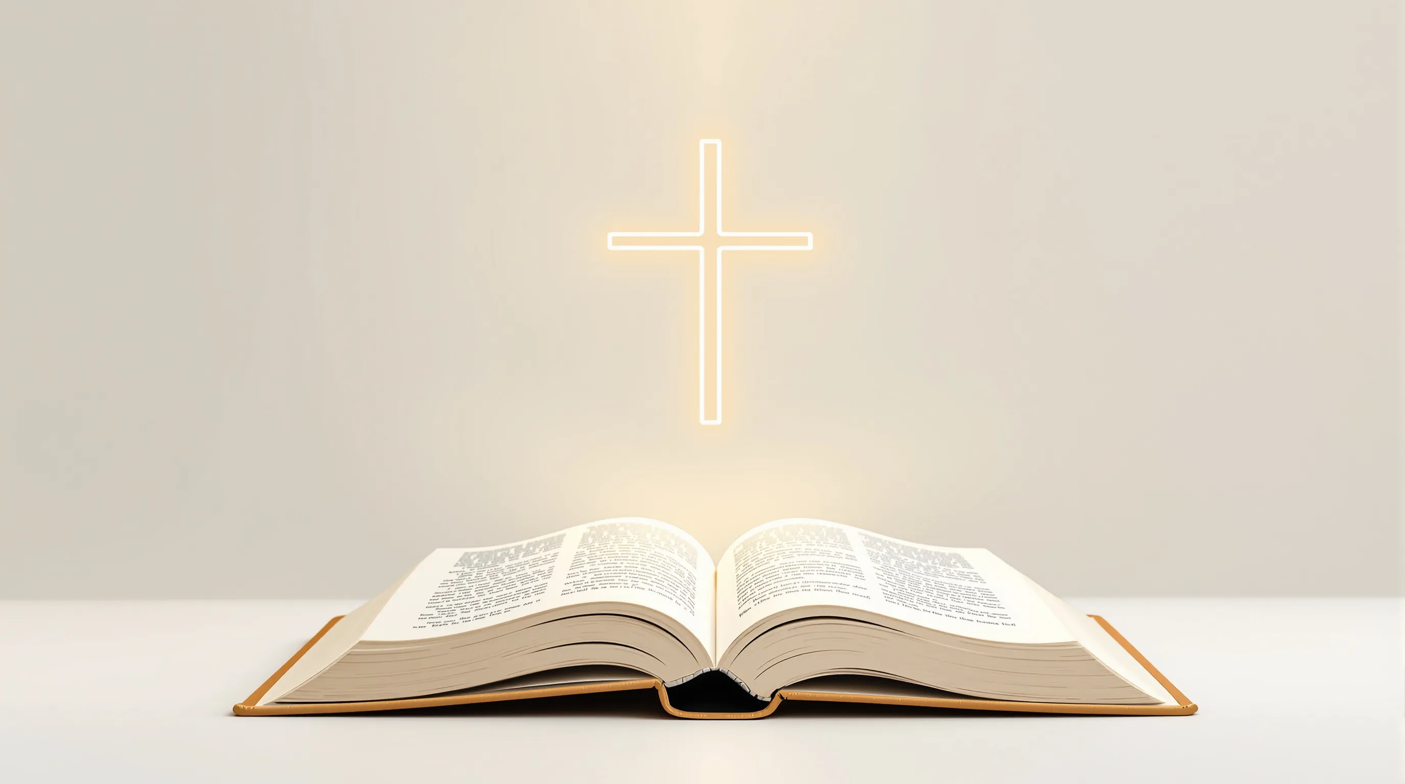 Open book with glowing cross symbol above it on white background.