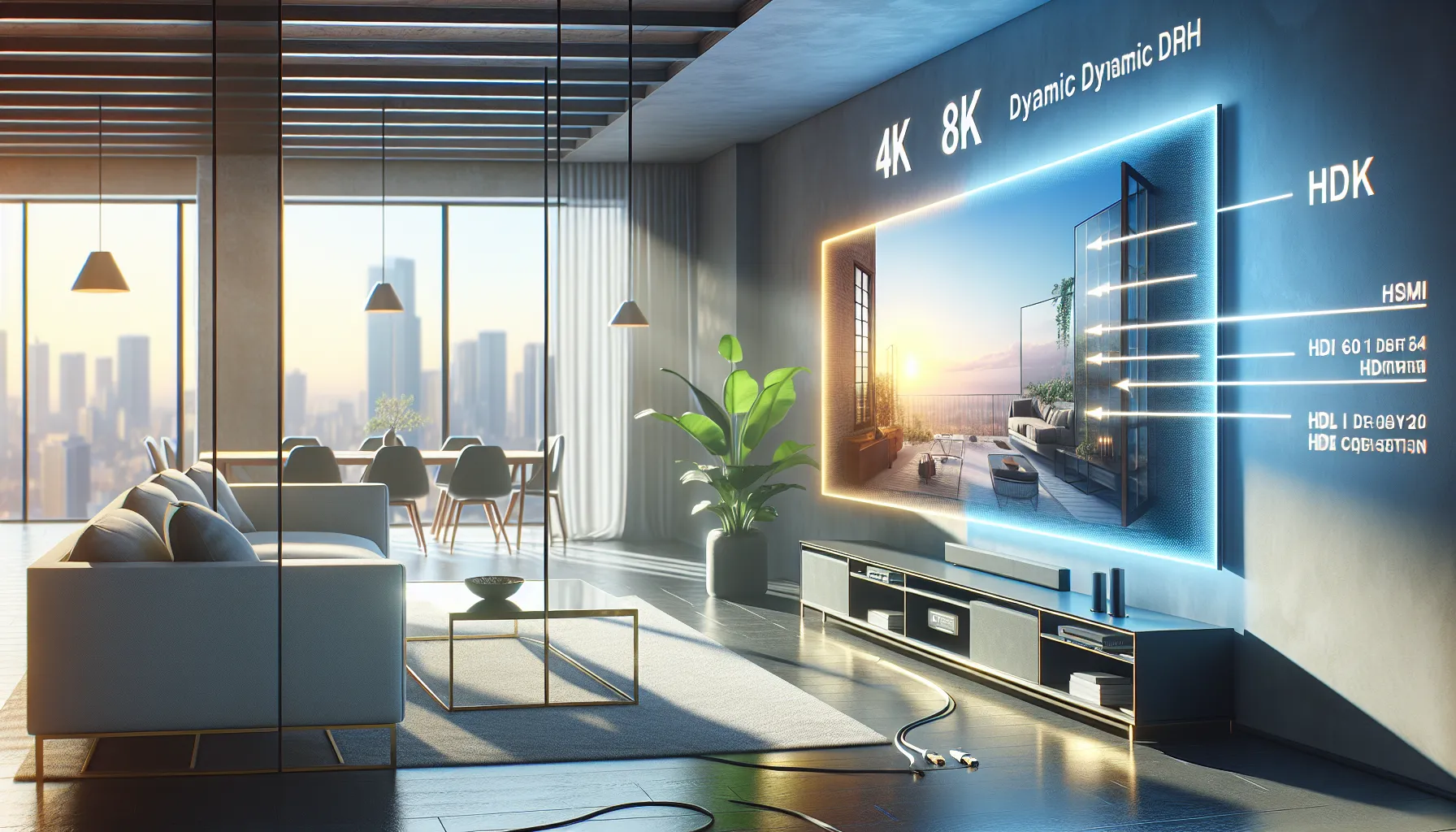A modern living room showcasing side-by-side HDMI 2.0 and 2.1 comparisons on a screen.