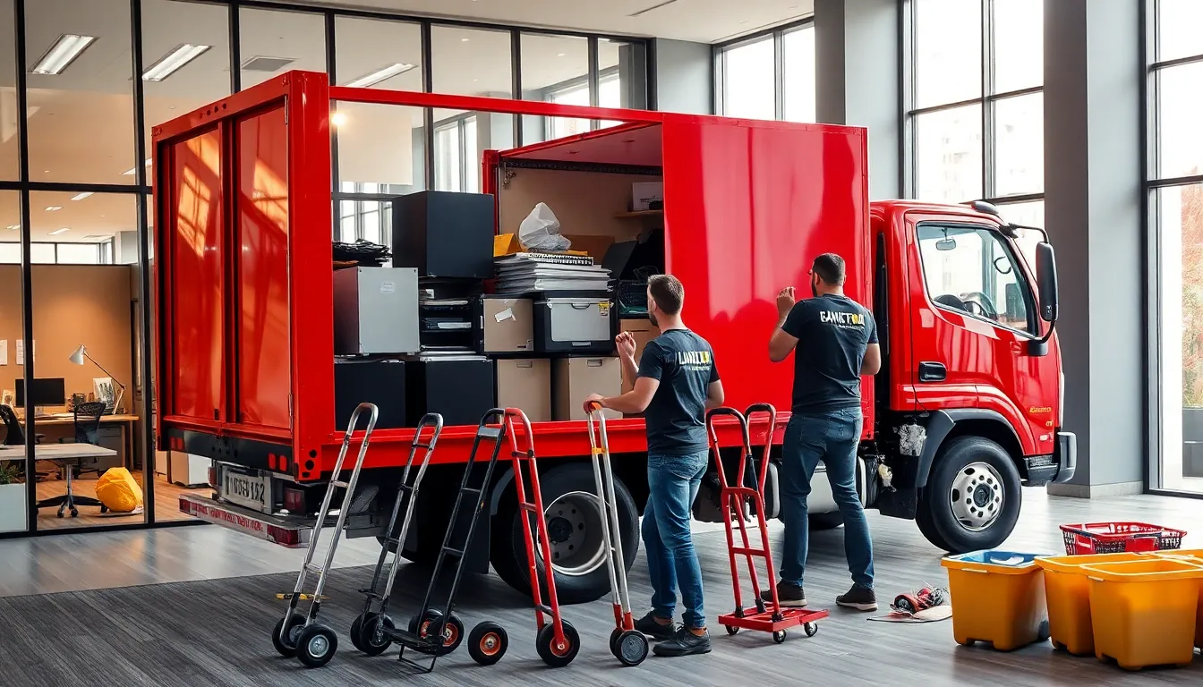 diverse team clearing junk from a modern office setting.