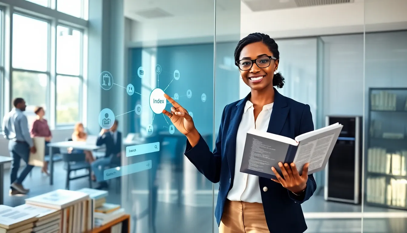 Professional tapping a glowing &ldquo;Index&rdquo; node on a transparent office touchscreen.