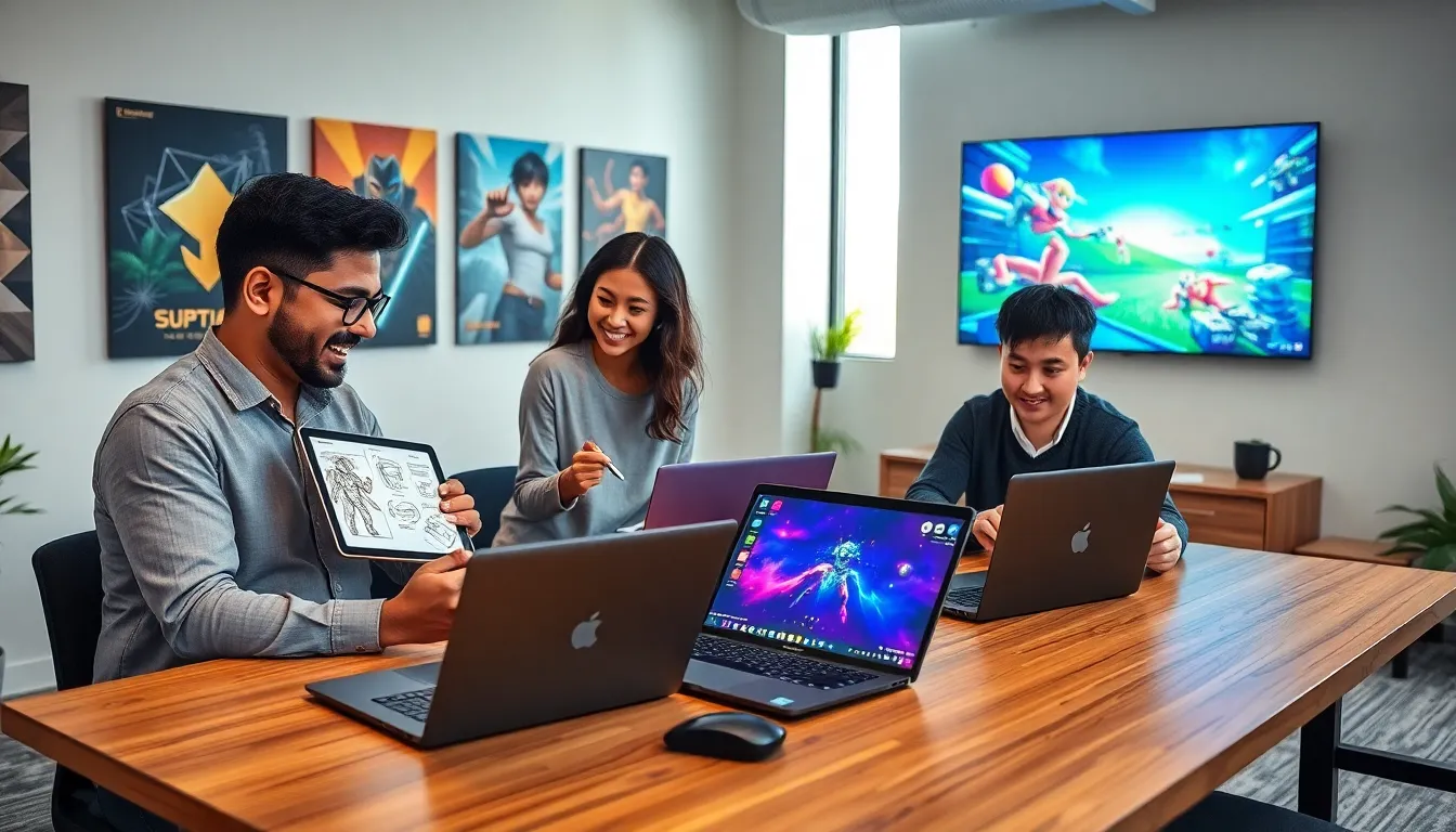 diverse team collaborating in a modern office for Imagineer Games.