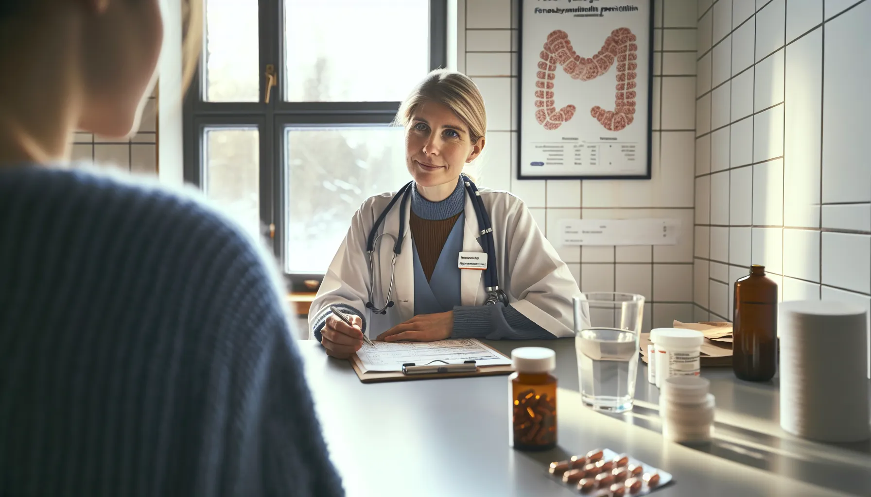 Norwegian doctor explains correct antibiotic use with labeled pills and schedule.