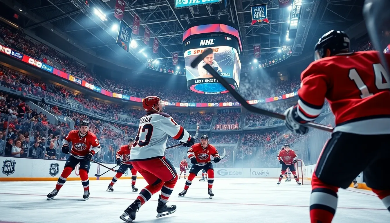 exciting NHL game with players and enthusiastic fans in a packed arena.