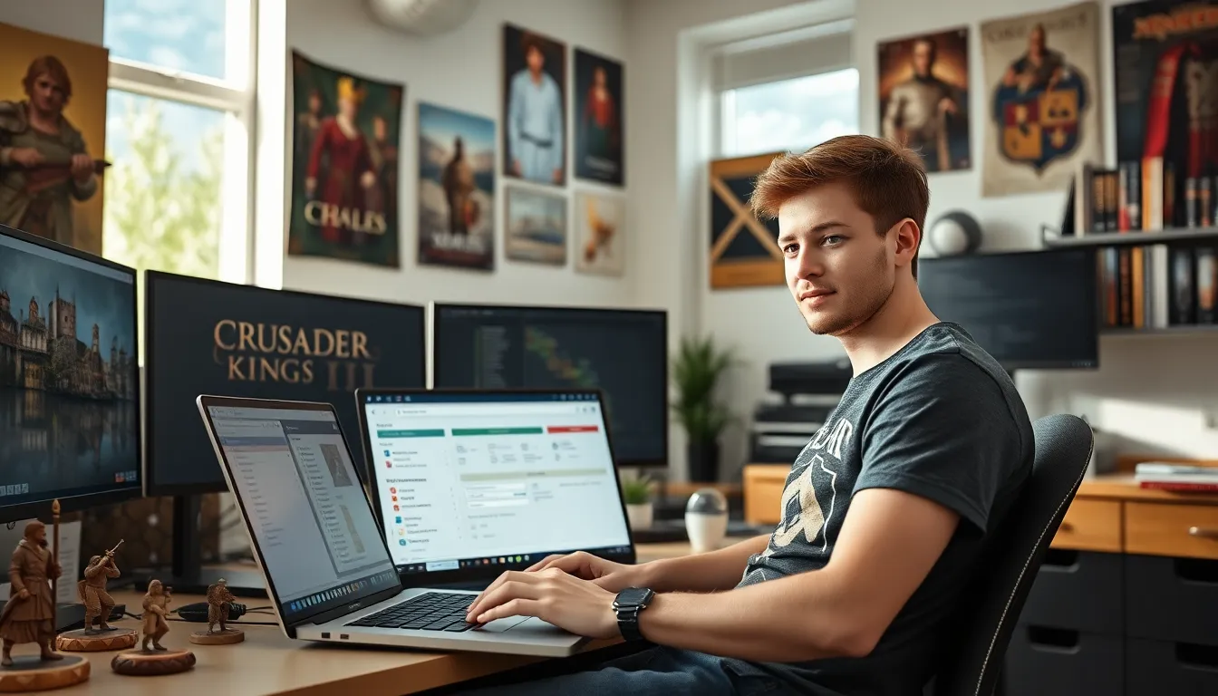 a young man creating characters on CK2Generator at his workspace.