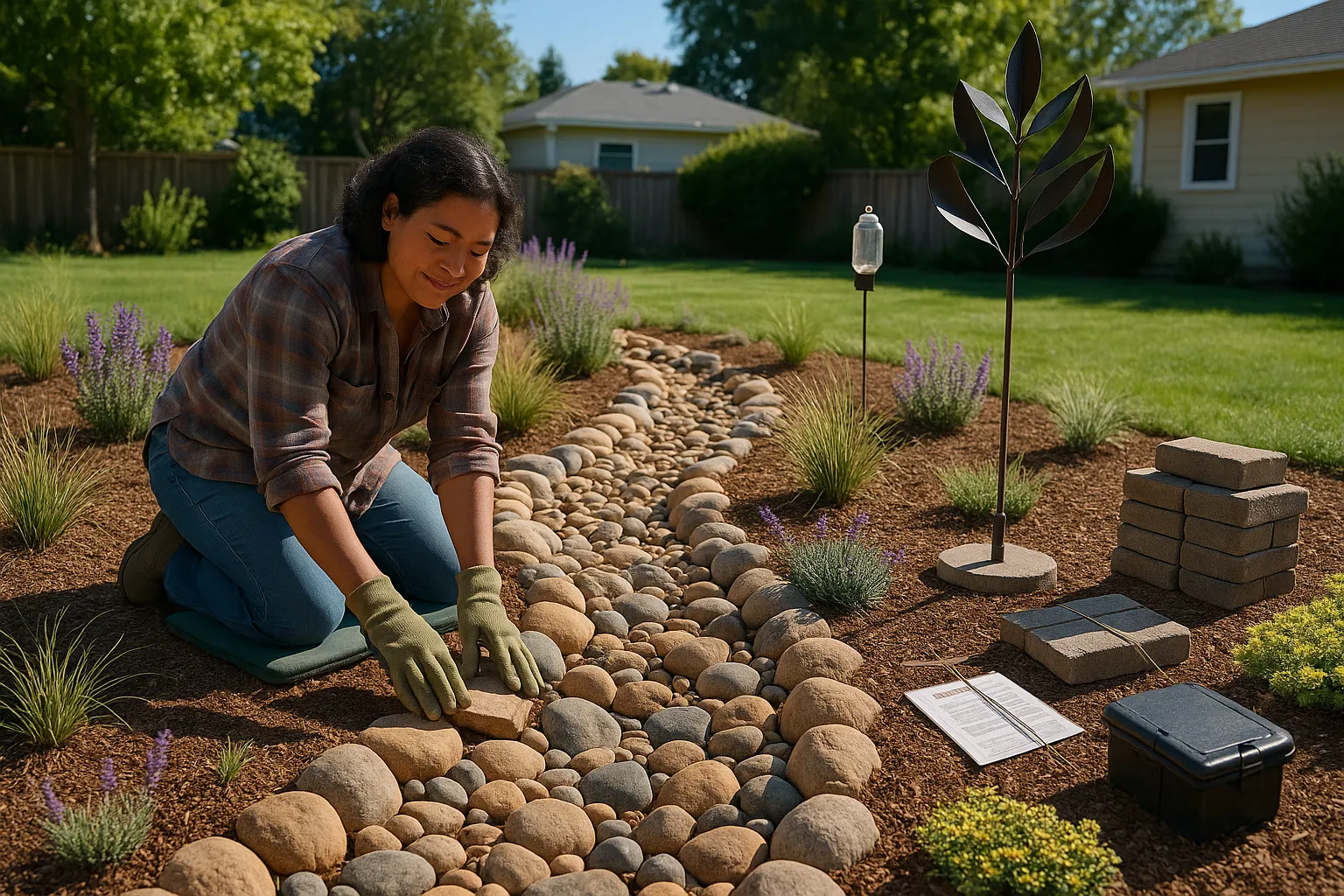 Homeowner installing a dry riverbed with wind sculpture and bird dripper