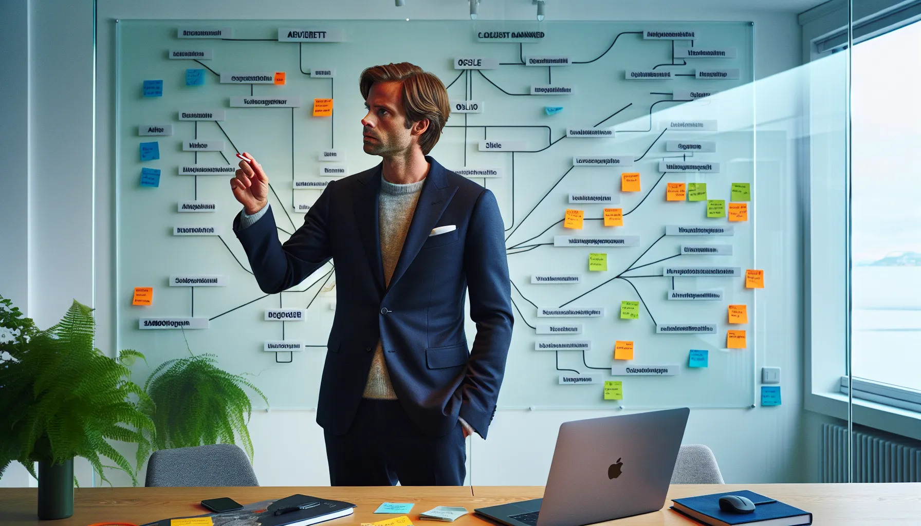 Norwegian lawyer mapping location-based practice pages and silo structure on glass wall.