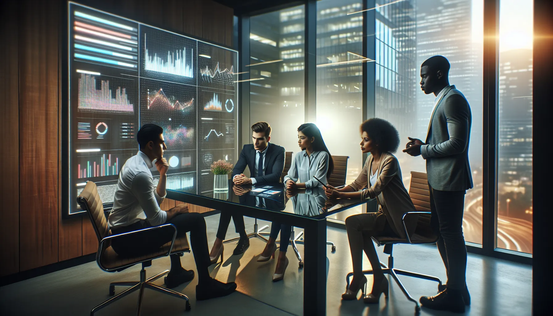 diverse team analyzing data trends in a modern office.