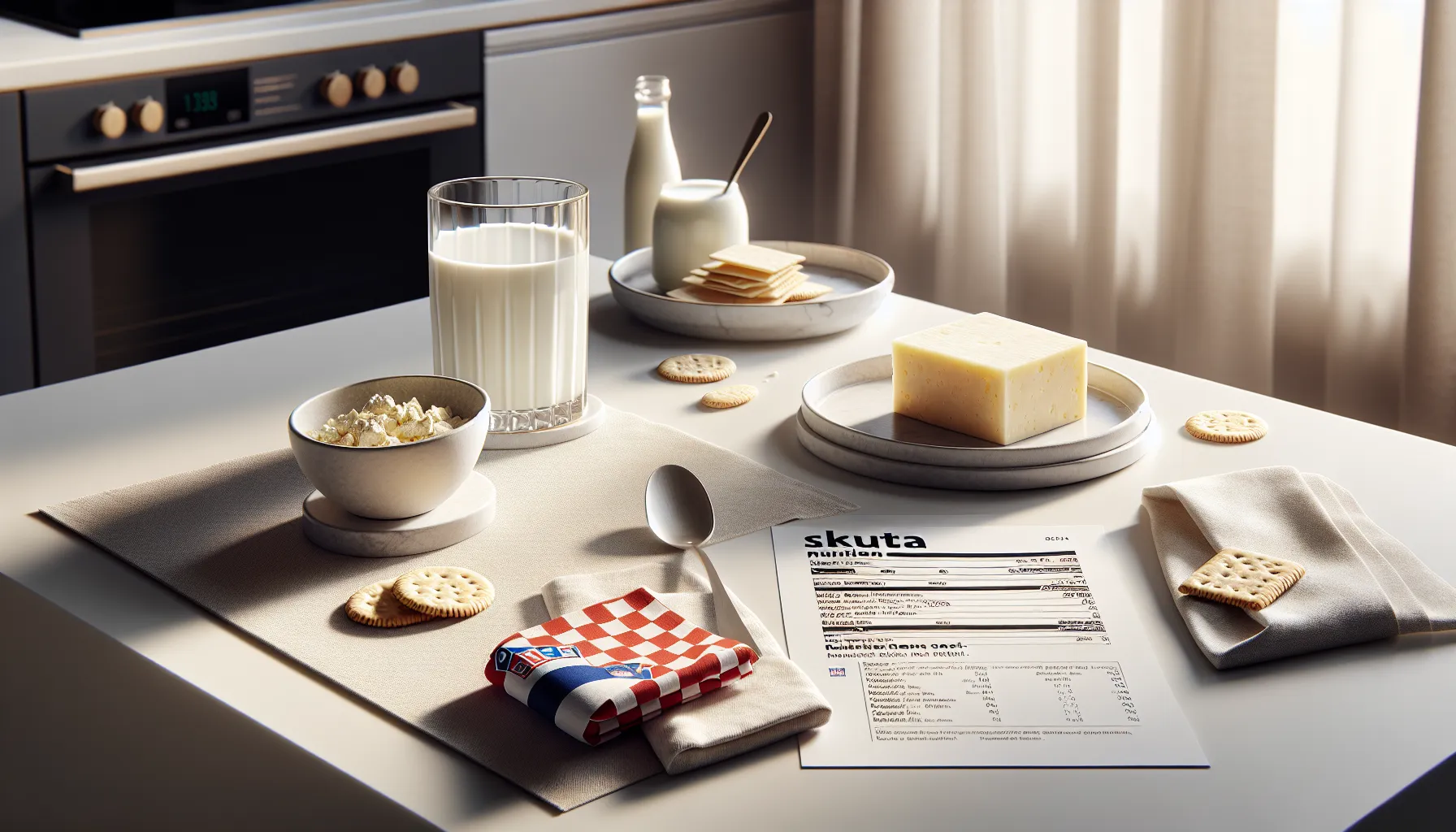 bowl of skuta cheese with nutrition facts in a modern kitchen