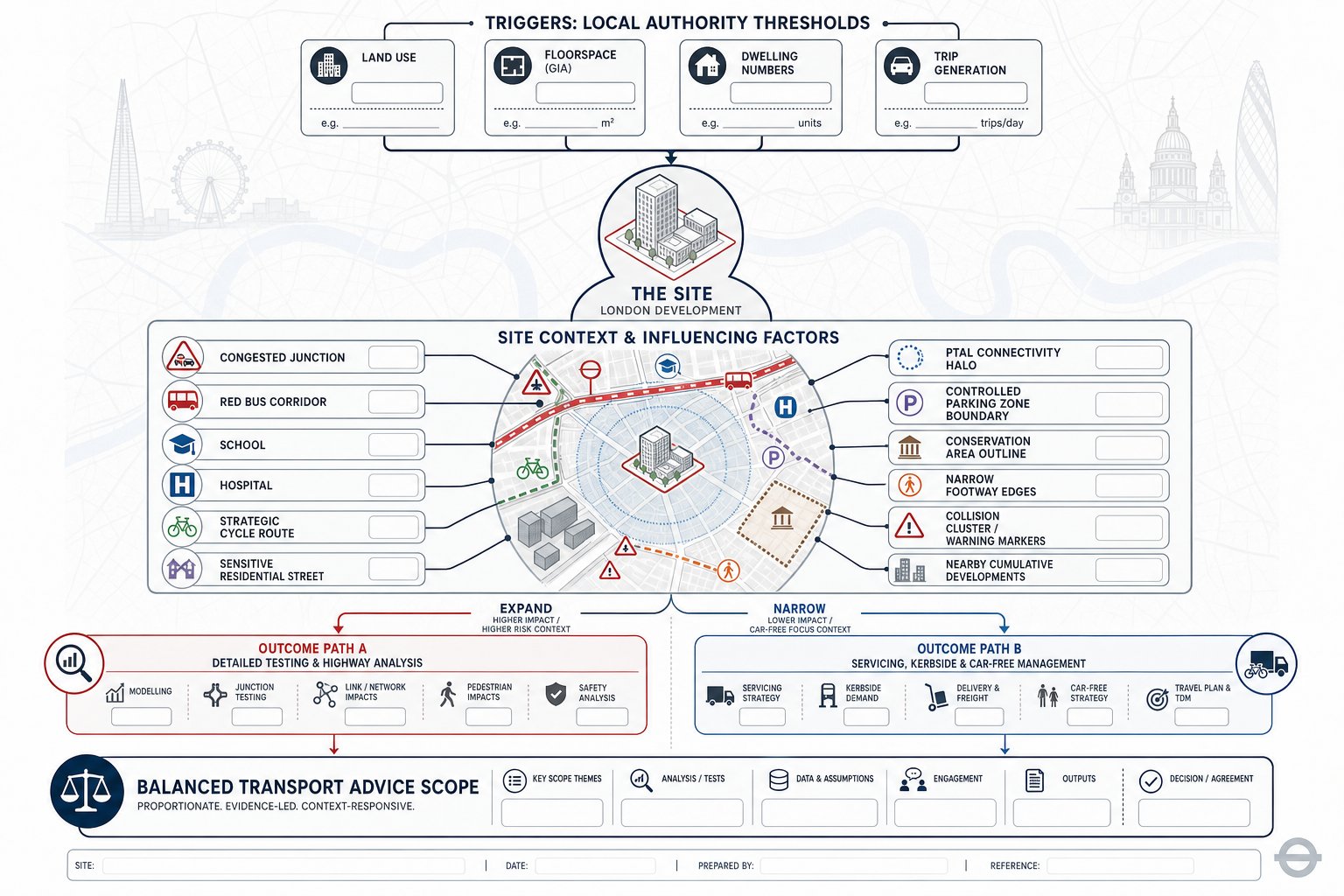 Infographic showing how London site context changes transport assessment scope.