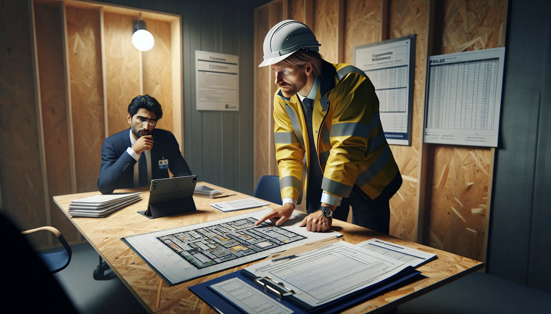 Contractors review a living requirements checklist and bim model at a norwegian site.