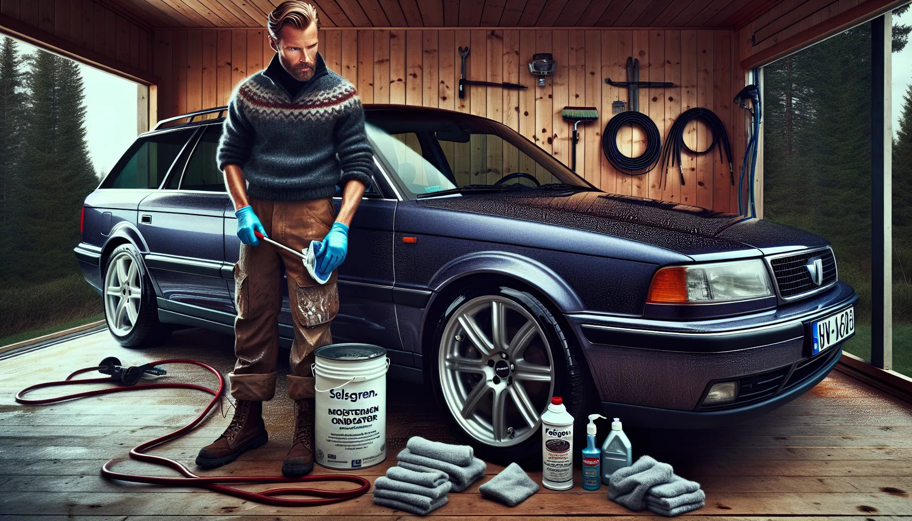 Man applies sealant to clean norwegian station wagon before long-term storage.