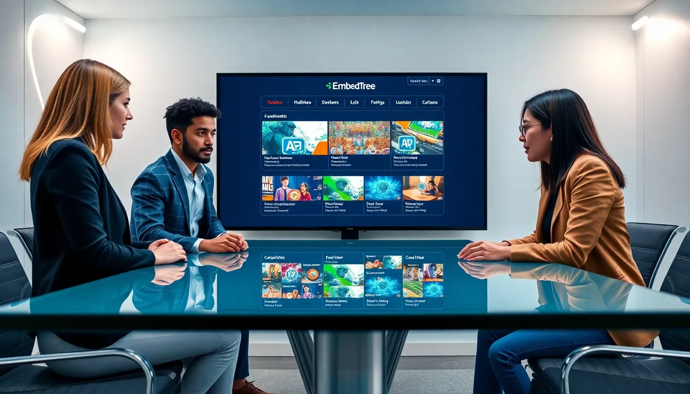 business professionals discussing the EmbedTree game updates platform.
