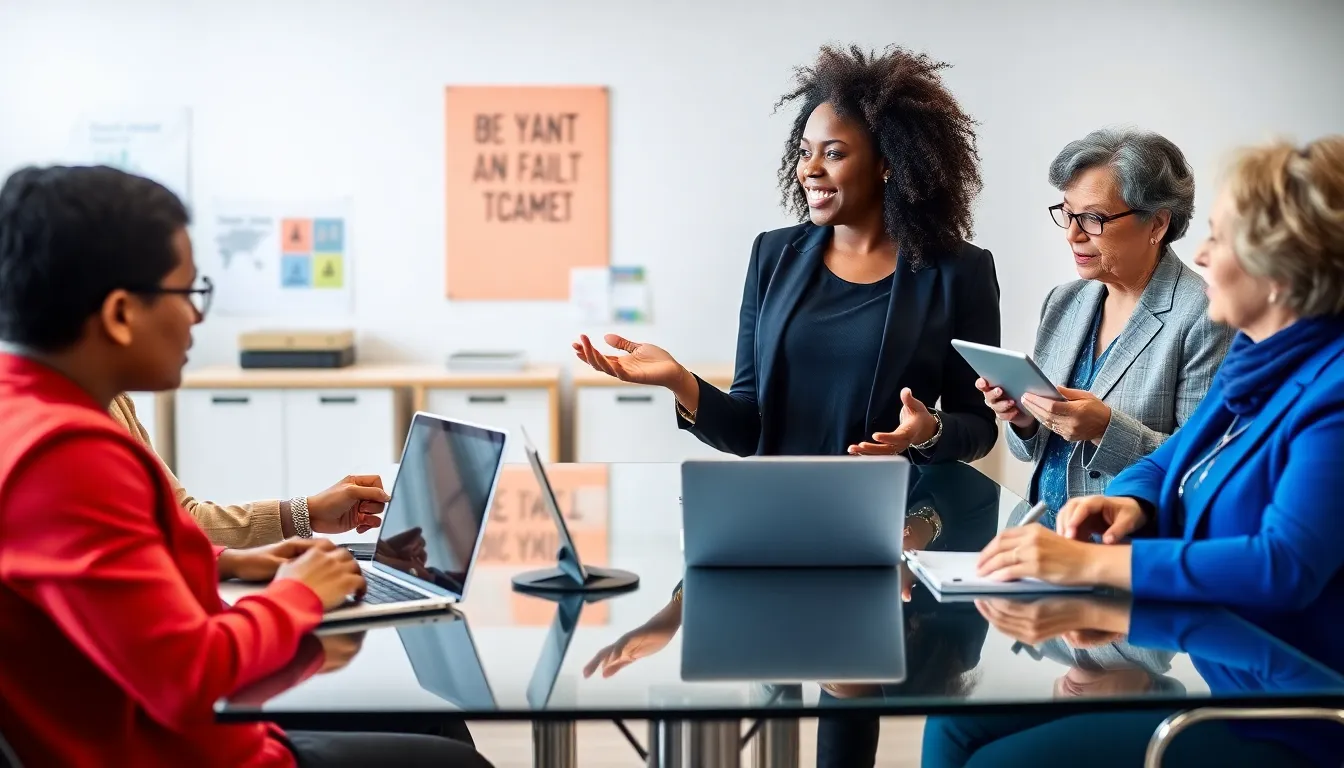 diverse professionals discussing educational psychology in a modern office setting.