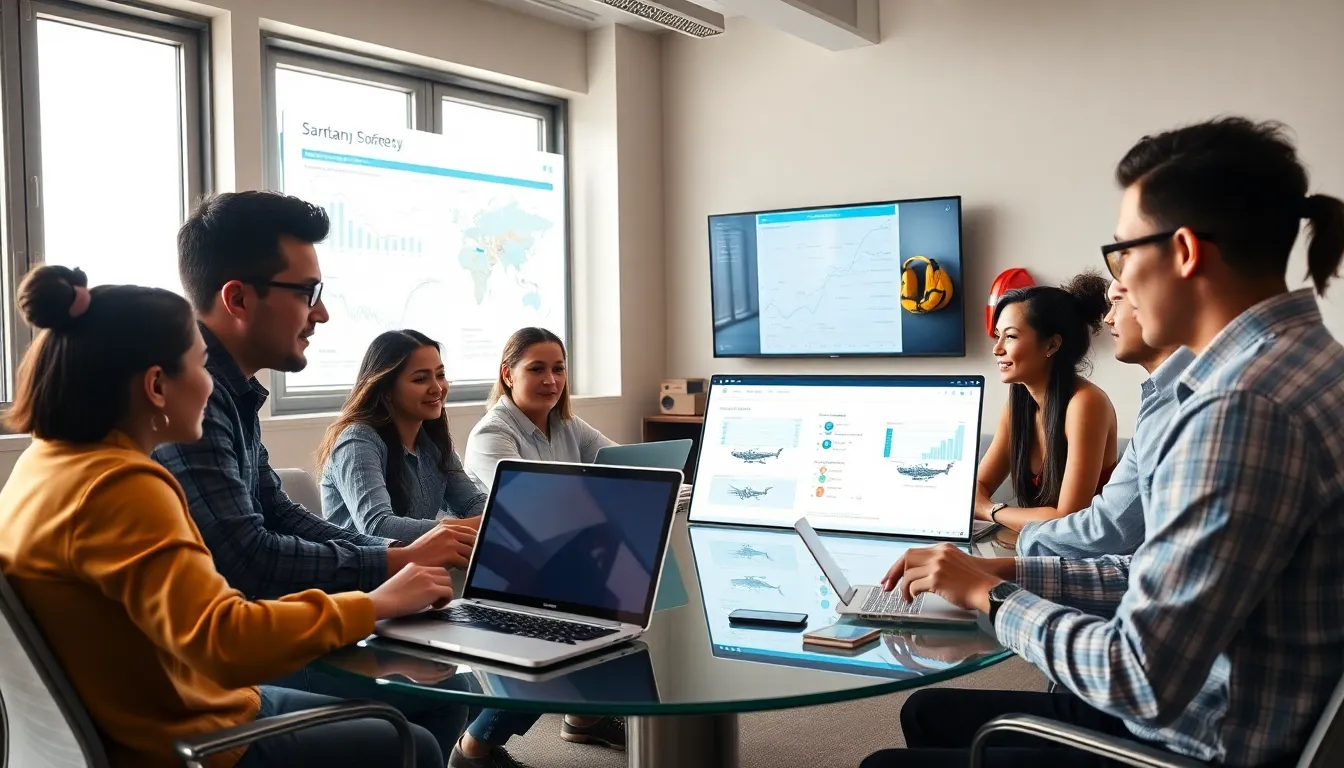 diverse team collaborating on transportation safety in a modern office.