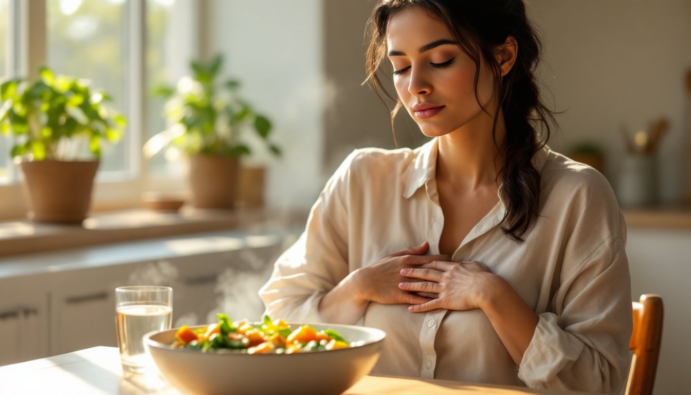 Woman pausing with hands on her belly before a mindful meal at home.