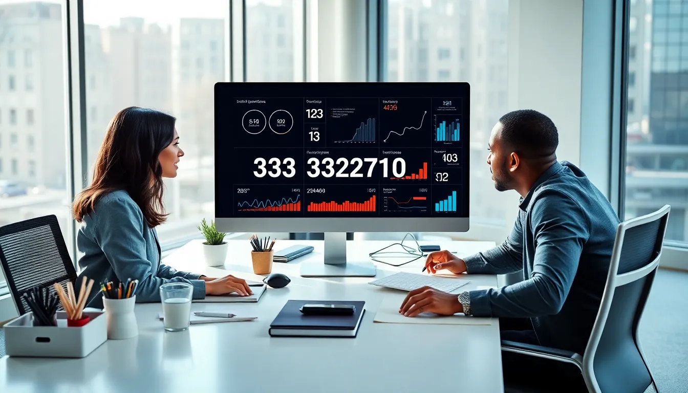 diverse professionals discussing data in a modern office setting.