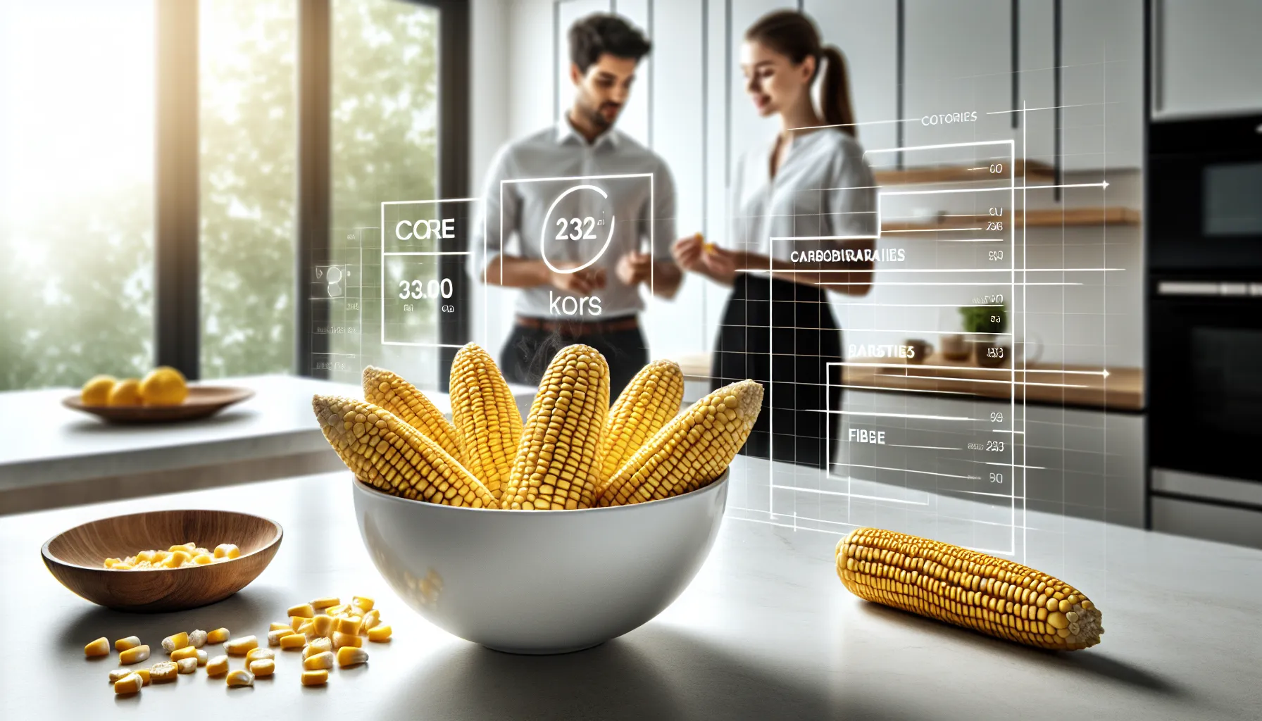 Corn on the cob and nutrition facts in a modern kitchen setting.