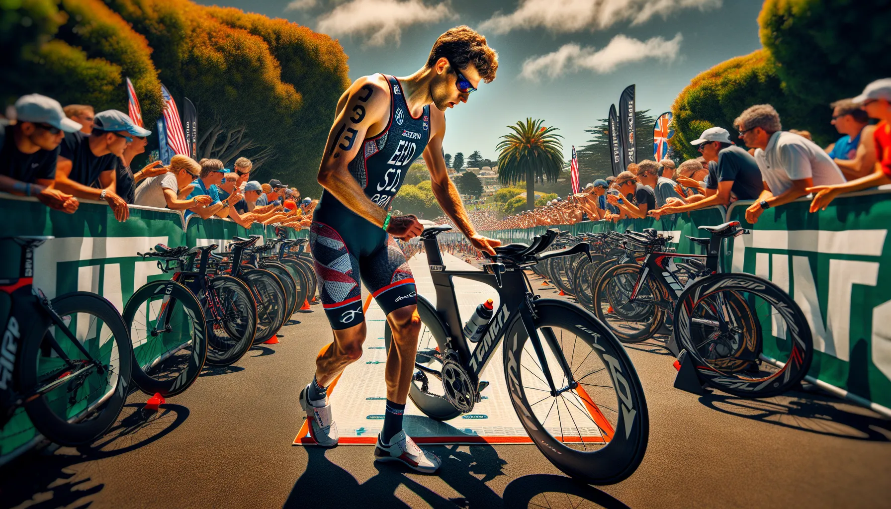 A triathlete transitioning from cycling to running in a competitive event.