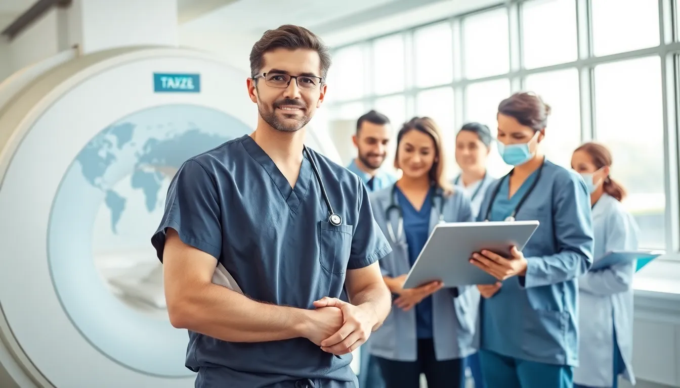 travel radiology technologist collaborating with a healthcare team in a hospital.