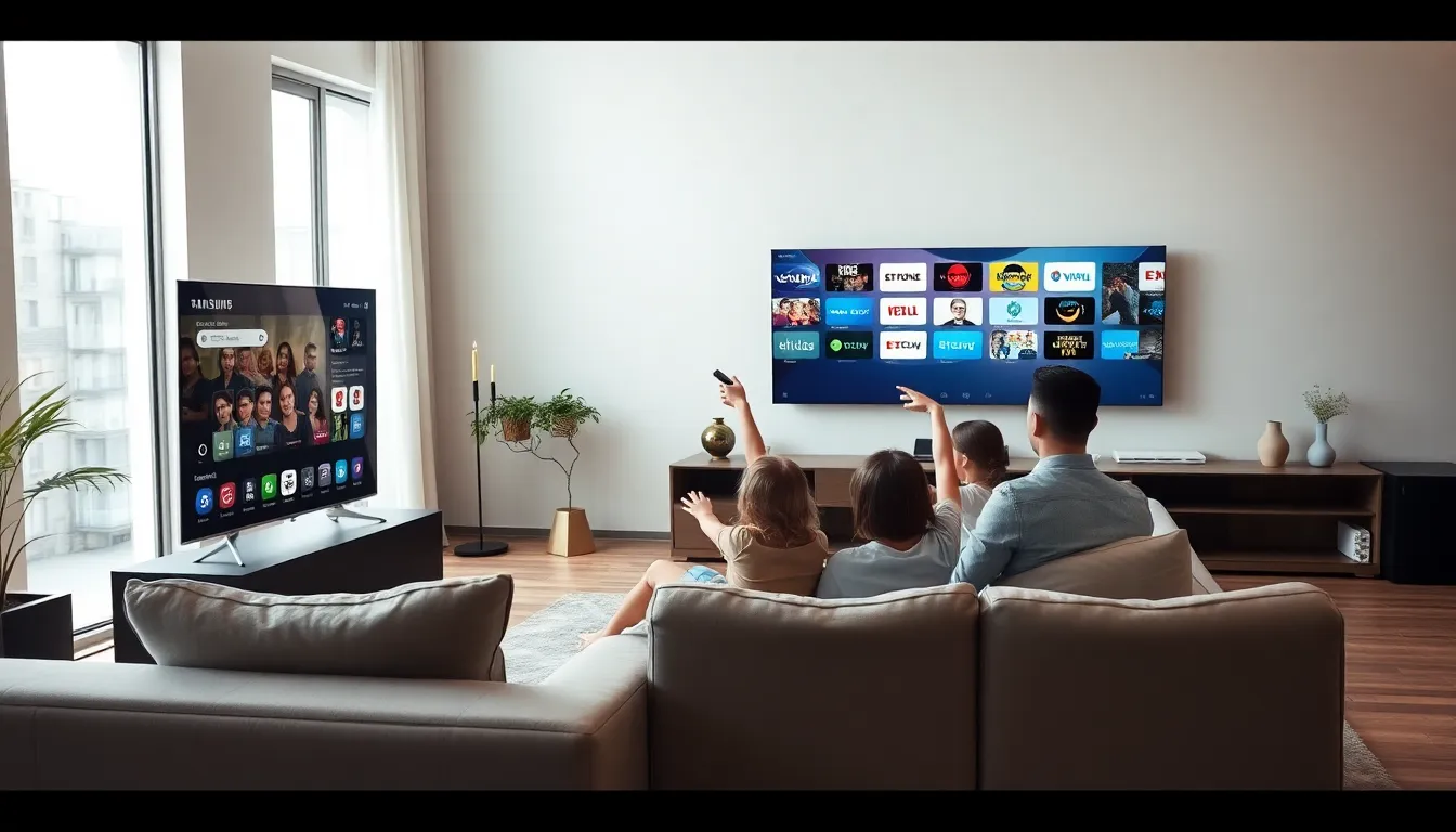 family enjoying a Samsung Smart TV in a modern living room.