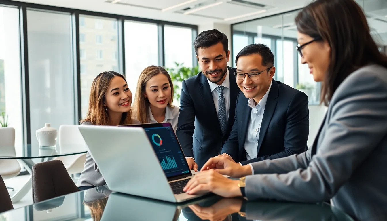 professionals analyzing data using SPSS software in a modern office.
