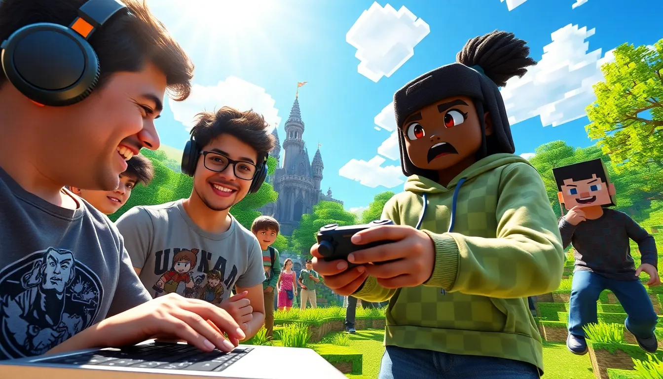 gamers collaborating on a colorful Minecraft custom map.