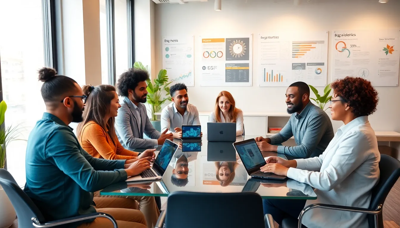 diverse professionals discussing tech trends in a modern office.