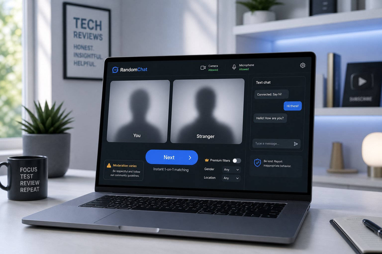 Laptop showing random video chat interface with a prominent Next button.