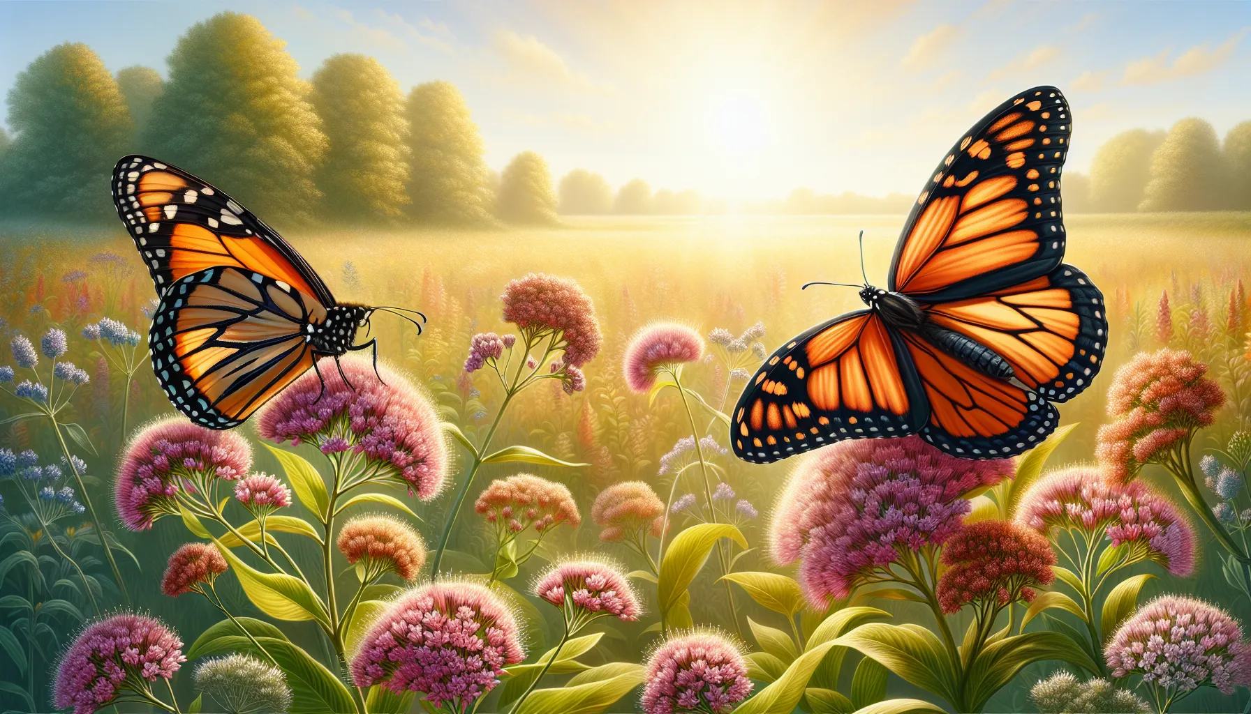 A Monarch and a Viceroy butterfly resting on wildflowers in a sunny meadow.