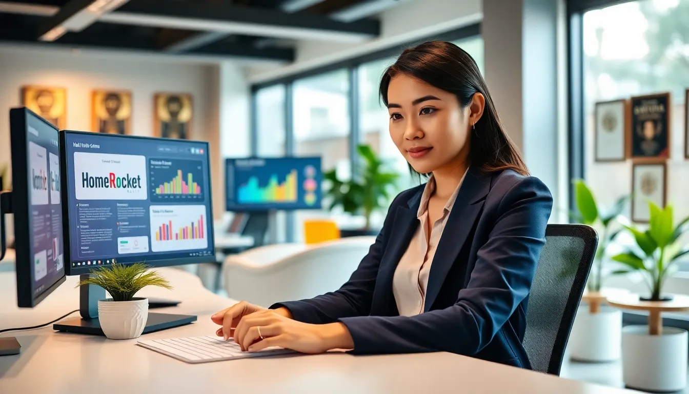 a woman drafting an email in a modern real estate office.