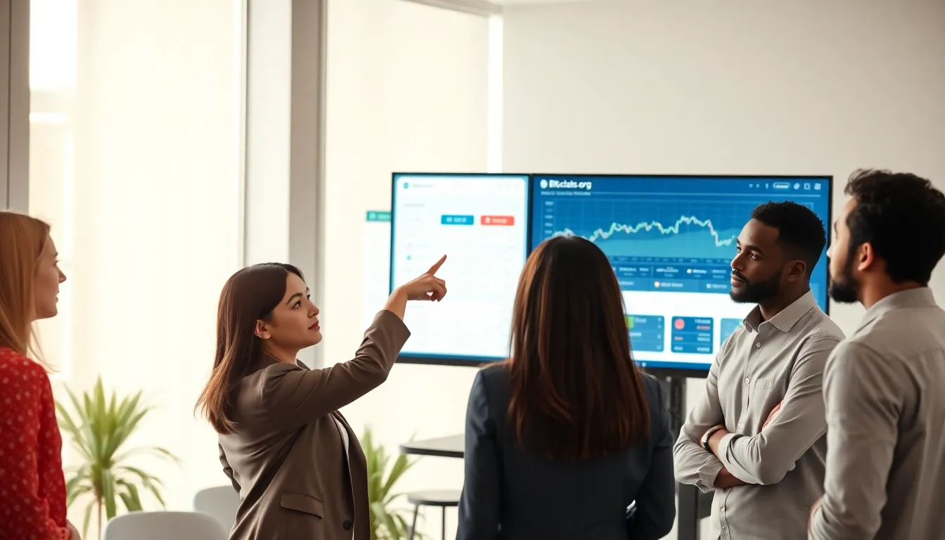 a modern workspace featuring a diverse team discussing cryptocurrency trading.