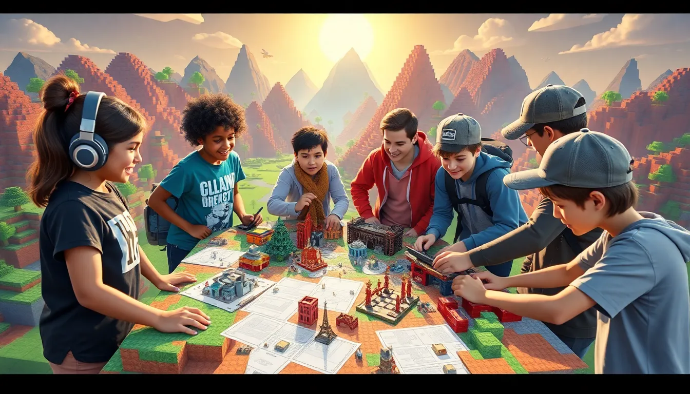 gamers collaborating on Minecraft builds in a colorful virtual setting.