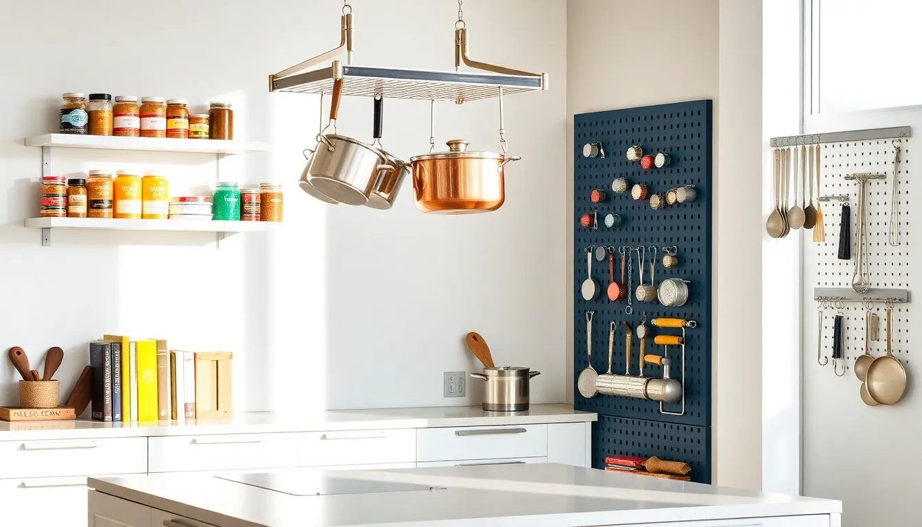 modern kitchen with wall shelves, hanging pot rack, and a pegboard.