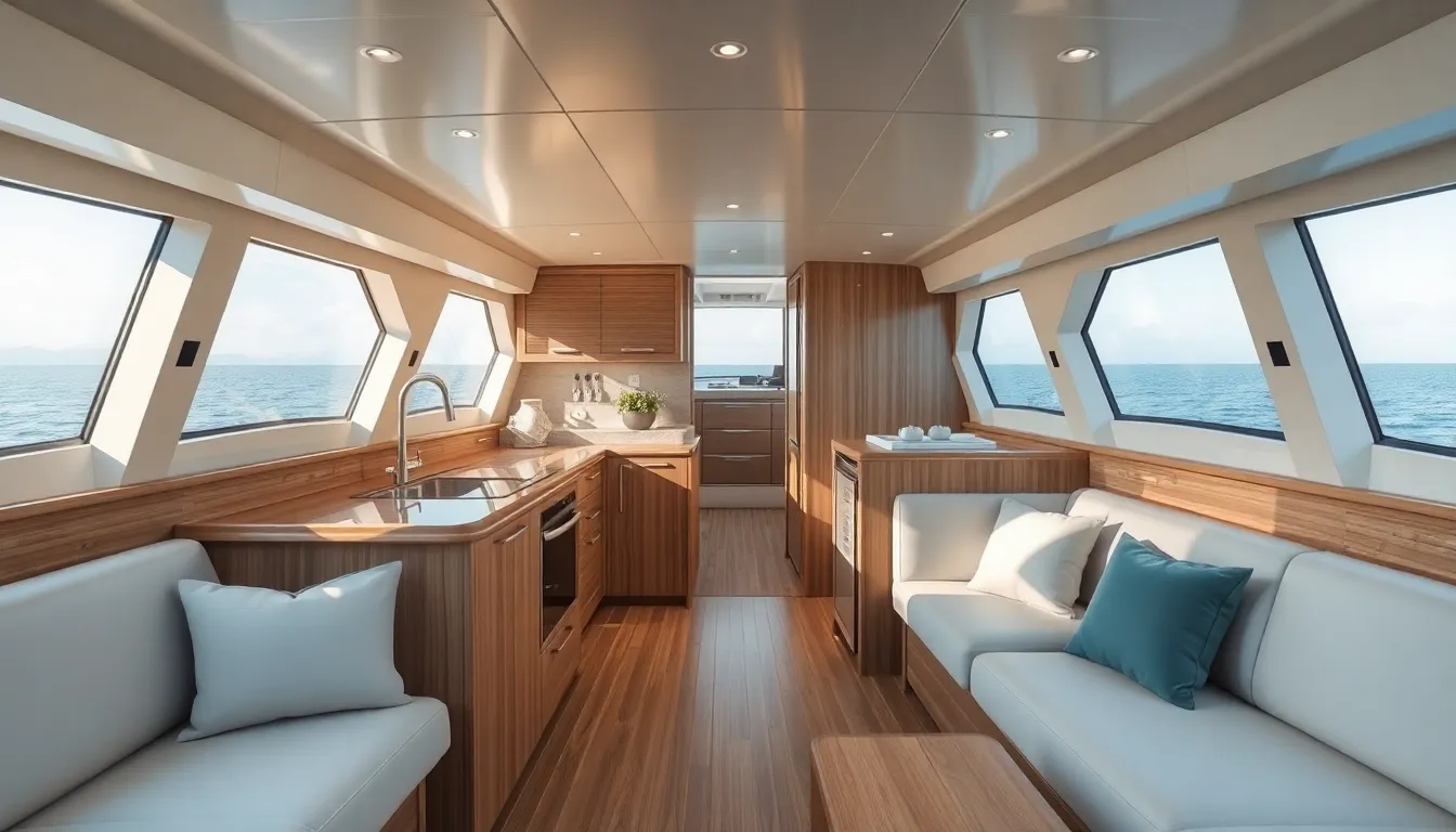 modern boat interior design with functional furniture and natural light.