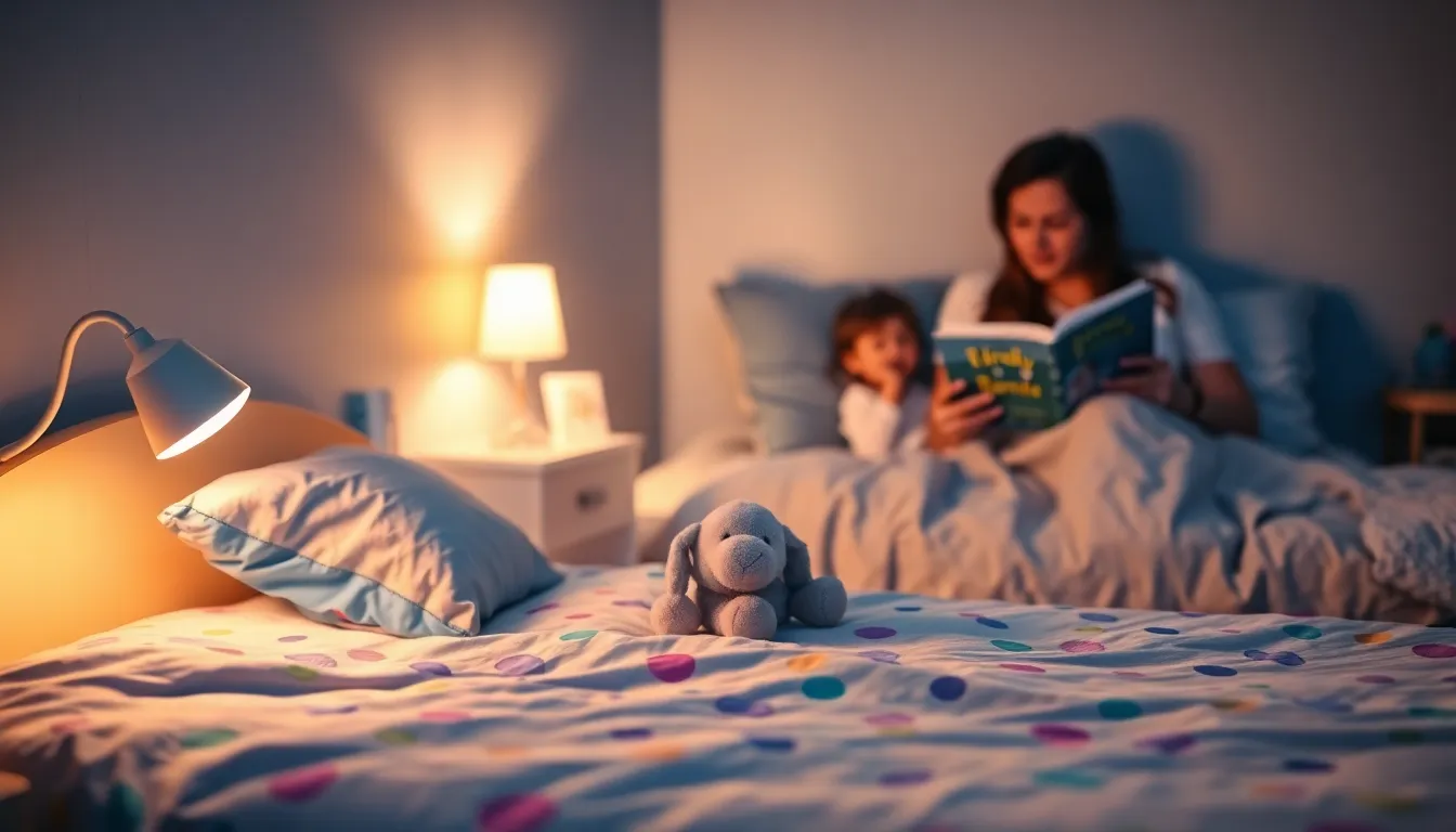 cozy bedroom scene with parent and child reading at bedtime.