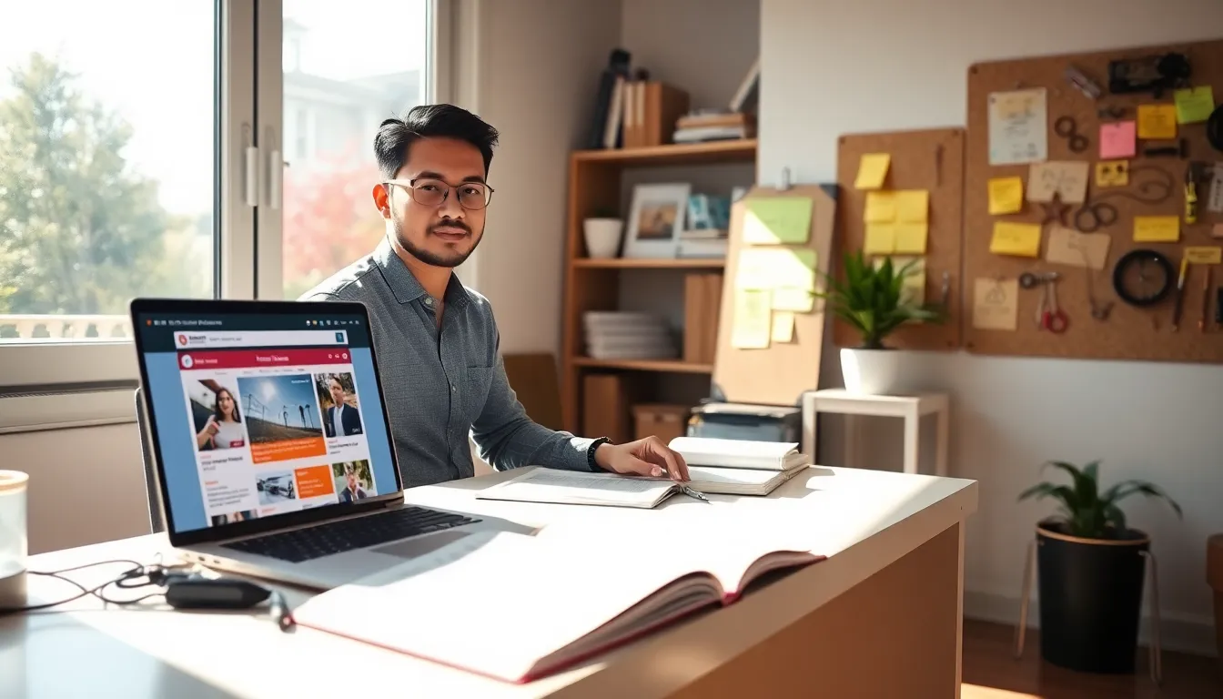 a young man working at a desk with LotsOfPower.net displayed on the laptop.