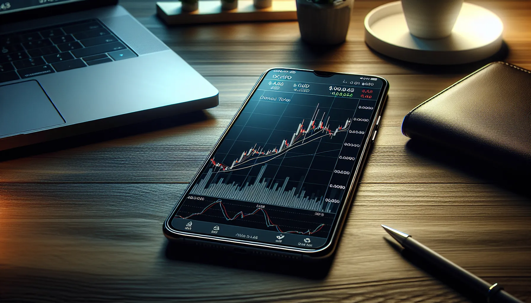 Smartphone displaying AMP cryptocurrency price chart on trading app in modern home office workspace.