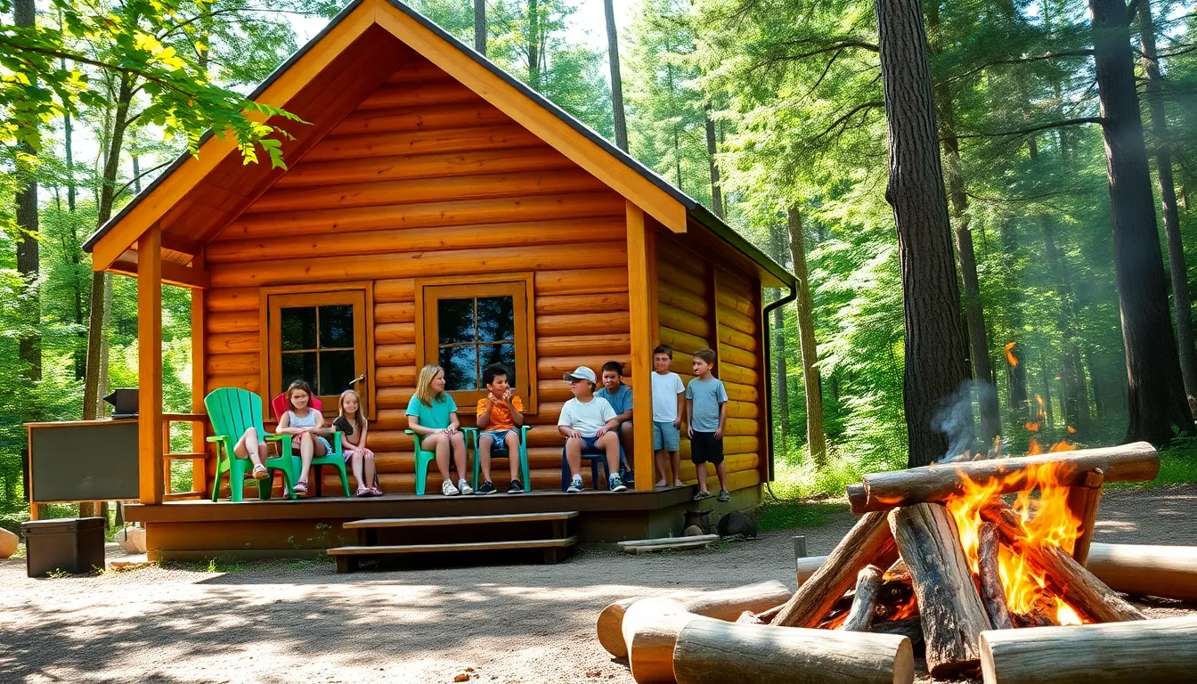 children enjoying a summer camp cabin experience in the forest.