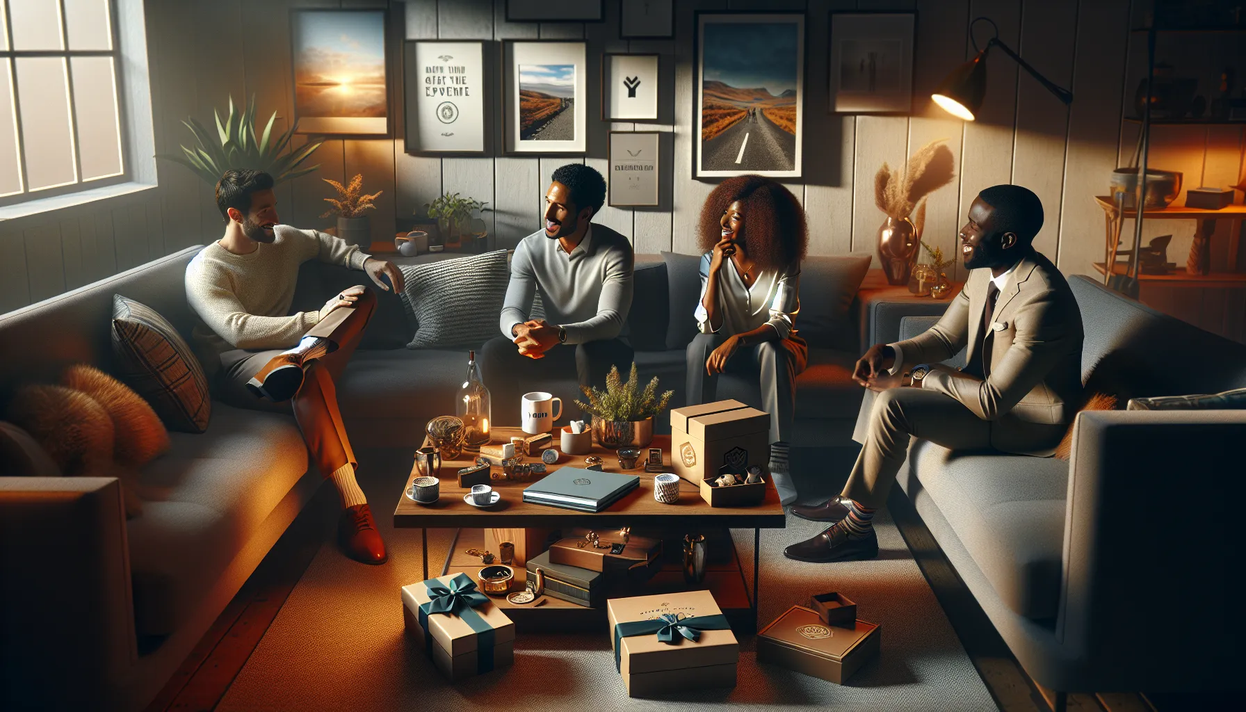 diverse group discussing personalized gifts in a cozy living room.